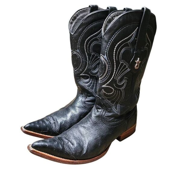 Los Altos Black Ostrich Leather Boots Mens Size 8 EE width Rodeo Western Cowboy - Picture 2 of 15